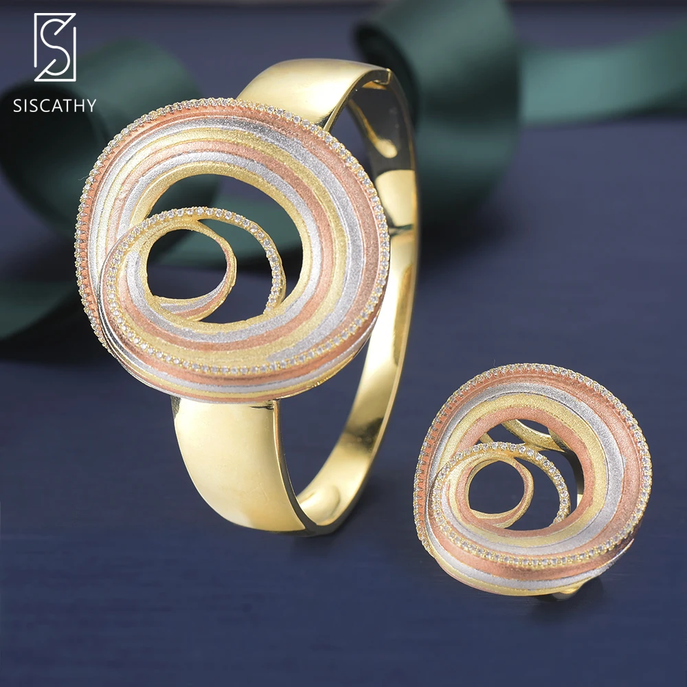 

2 PCS Jewelry Sets Luxury Geometric Shape Bracelets Bangle Ring Sets For Nigerian Women Wedding Jewelry