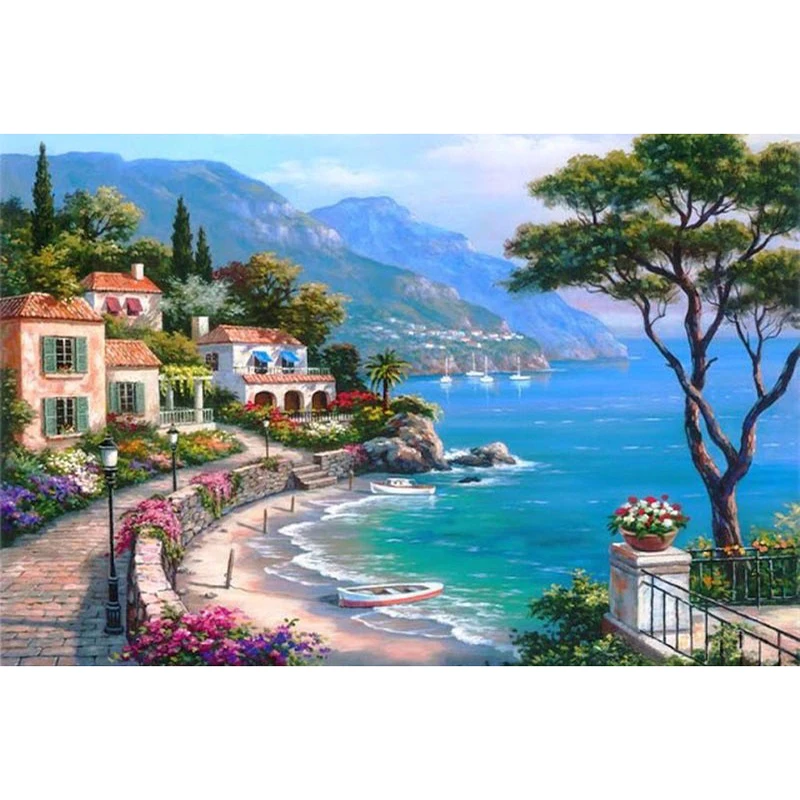Diamond mosaic full diamond embroidery beads Beautiful Seaside Town Trees diamond cross stitch Square diamond kits