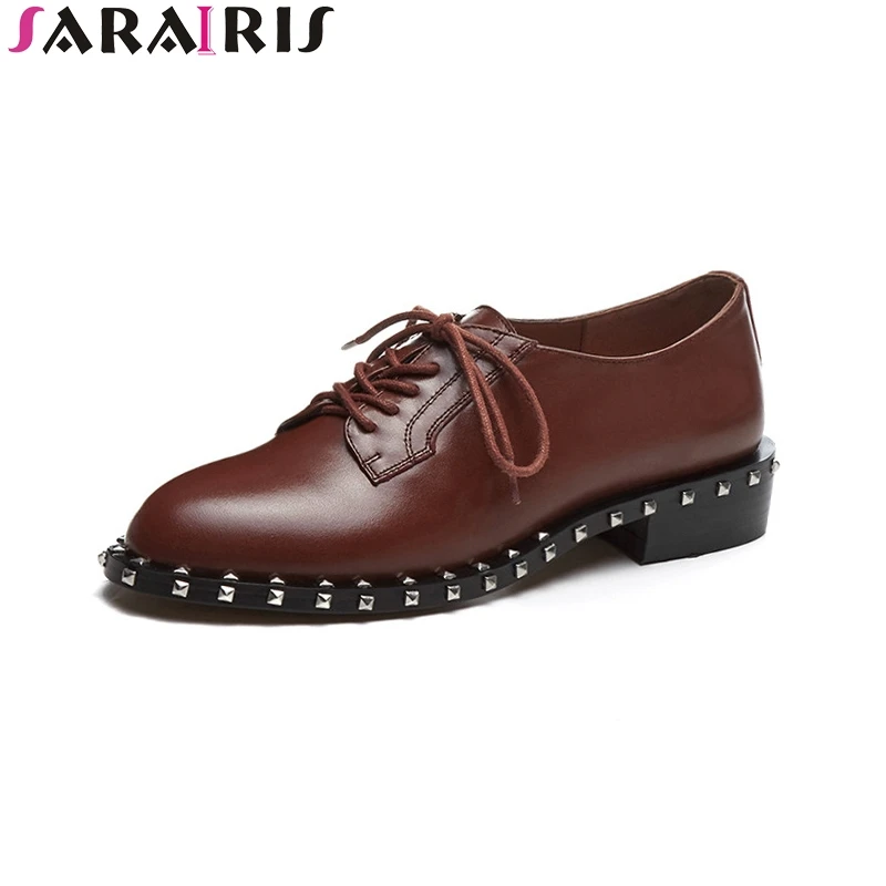 

SARAIRIS 2019 Women's Genuine Leather Solid Round Toe Lace-up Rivet Square Heels Shoes Woman Casual Spring Flats Big Size 34-41
