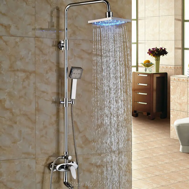 

Newly LED Color Changing Bathroom 8" Shower Mixer Faucet Set w/ Hand Shower Chrome Bath Shower Tub Faucet