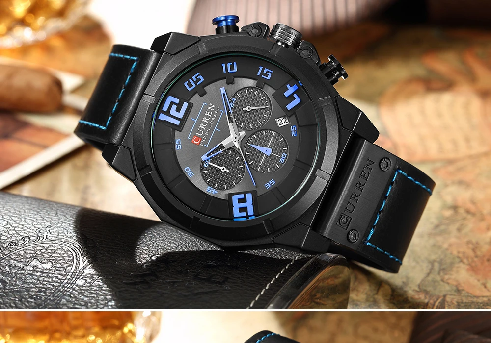 CURREN 8287 Топ бренд хронограф кварцевые часы для мужчин 24 часа дата мужские спортивные кожаные Наручные часы