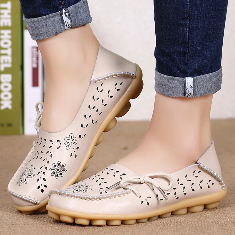 

Plus Size 44 Genuine Leather Shoes For Women Flat Spring Summer Casual Mocassin Femme White Shoes Slip On Ballet Flats Women