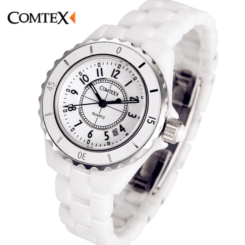 COMTEX Women Watches 2017Top Luxury Brand White Ceramic Wristwatch Fashion Quartz Calendar Waterproof Dress Watch For