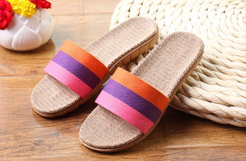 Summer Home Slippers Men Shoes Linen Flip Flops Striped Couples Slides Antiskid Indoor Slippers Flat Home Shoes Pantoufle Homme