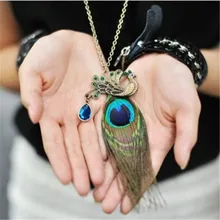 TOFOL Necklace Women Bohemian Peacock Feather Sweater Chain Jewelry Female Gold Color Pendant Fashion Gift