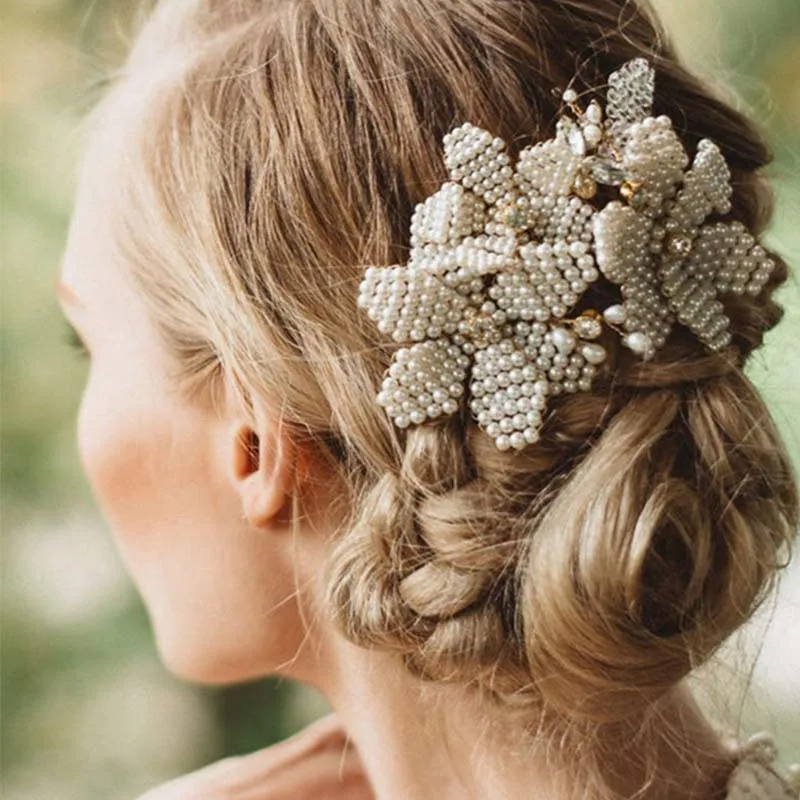 

FORSEVEN Cluster Simulated Pearls Hair Combs Leaf Flower Handmade Bride Headdress Wedding Bridal Head Piece Hair Accessories