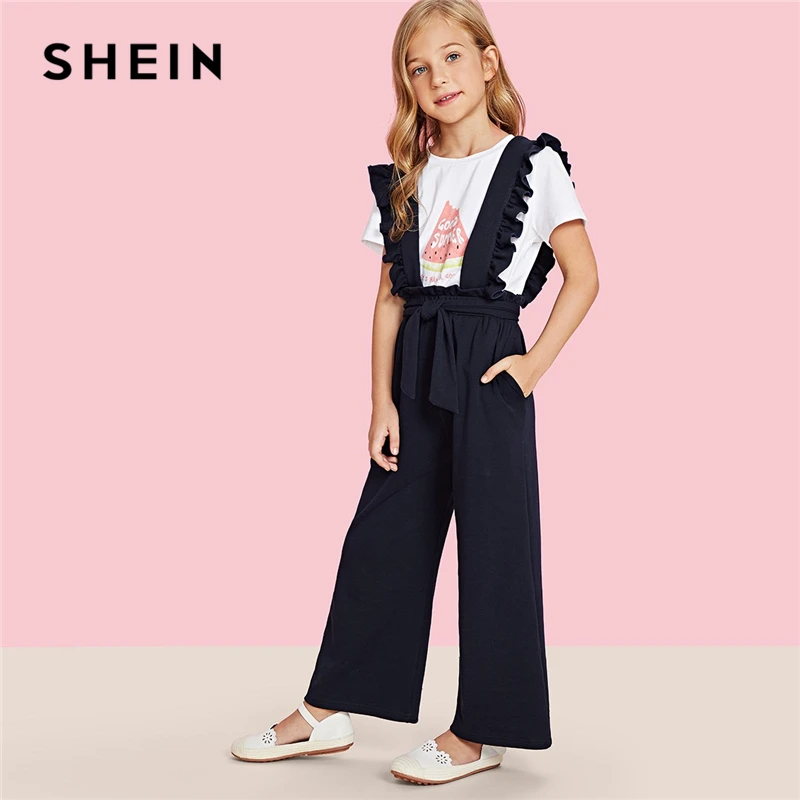

SHEIN Girls Navy Solid Ruffle Strap And Waist Casual Overalls Kids Jumpsuits 2019 Spring Fashion Sleeveless Knot Girls Jumpsuit