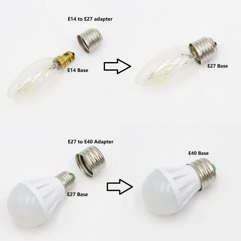 2x Adattatore Convertitore Per Lampadina Da E27 A E14, In Metallo E Plastica, Bianco E Argento, Adatto A Tutte Le Tensioni