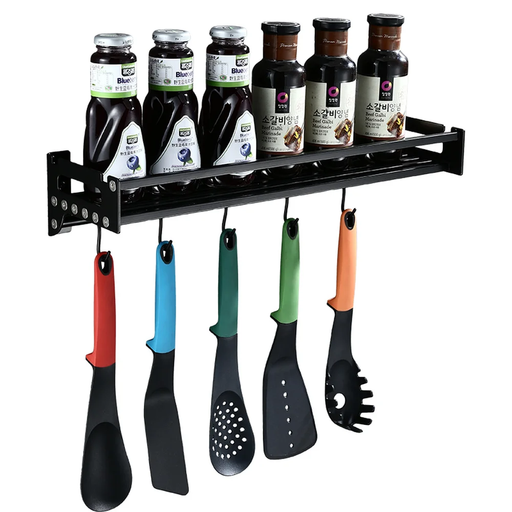 

Black kitchen condiment rack kitchen hanging racks stainless steel wall hanging storage rack with hook wx7311506