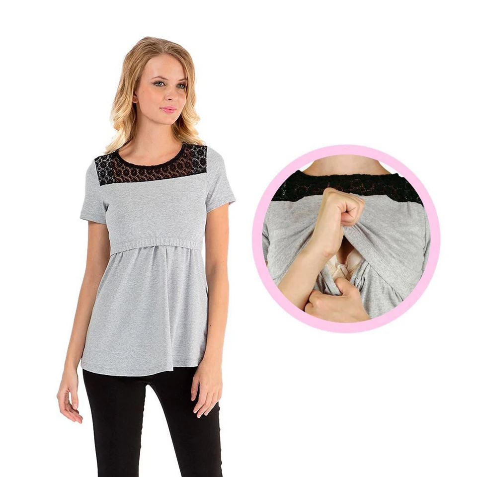 Pregnancy Tshirt Black Lace Stitching Maternity Clothing Breastfeeding