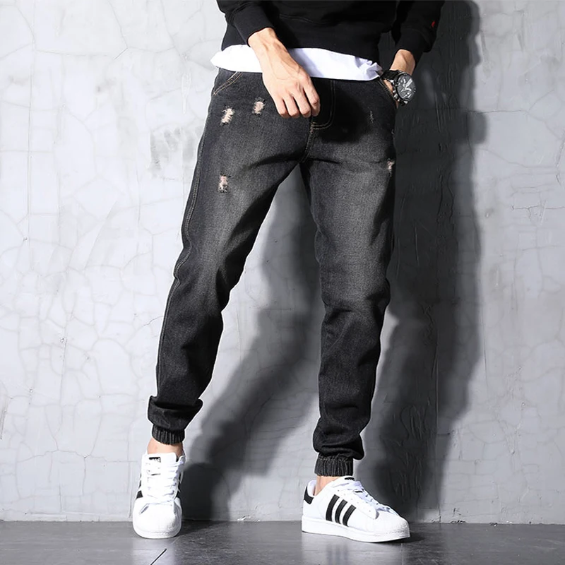 Модные Винтажные мужские джинсы, черные рваные джинсы, мужские уличные шаровары, штаны-карго из денима, штаны для бега в стиле хип-хоп