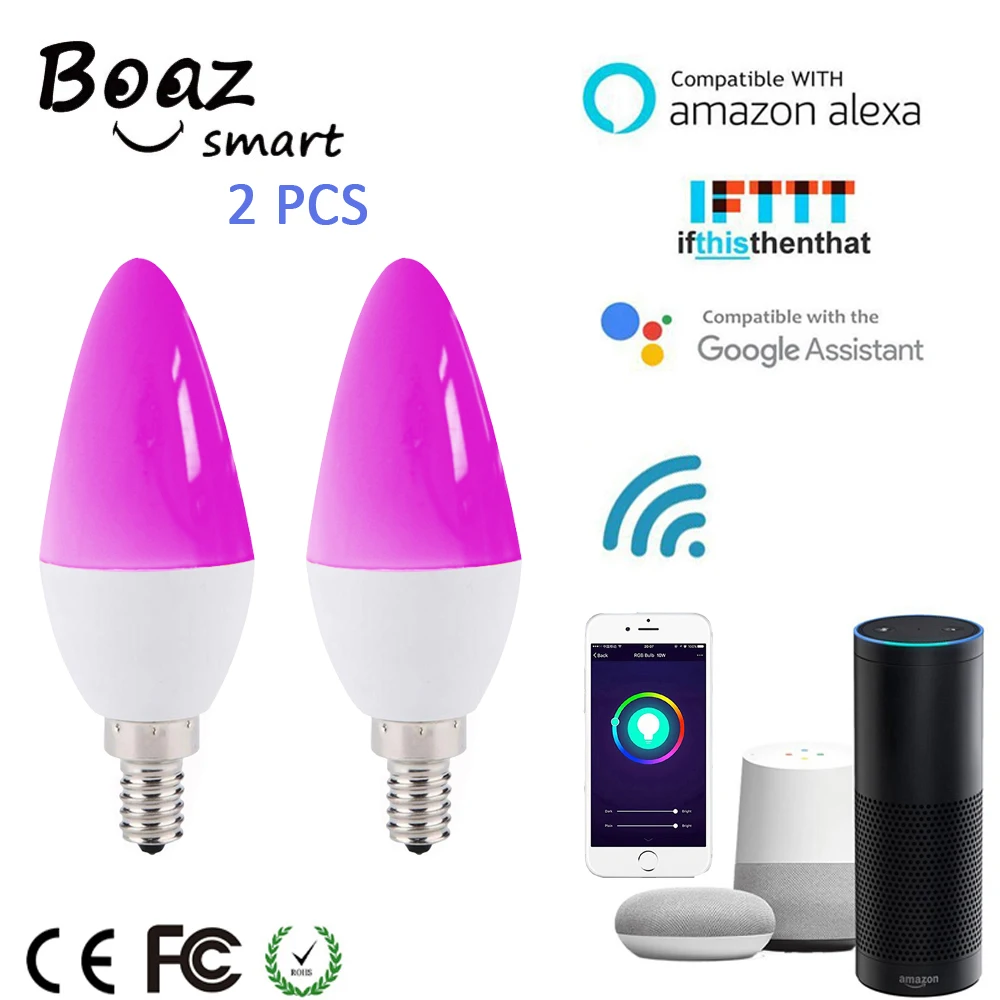 

Boaz-EC E14 Wifi Smart Led Light Bulb 2pcs LED Candle Bulb Voice Control Alexa Echo Google Home IFTTT Tuya Smartlife APP Control White Color Available
