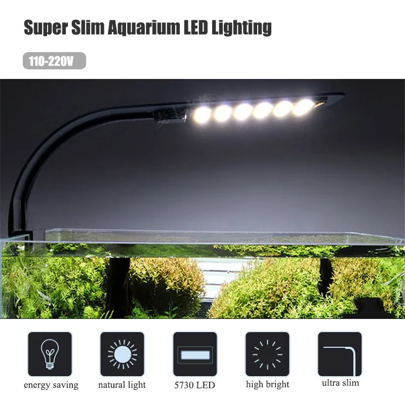 

110-220V Super Slim Aquarium LED Lighting Aquatic Plants Growing Light Waterproof Clip on Lamp For Fish Tank