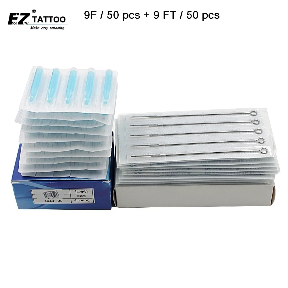 

EZ Tattoo Needles and Tubes Tips (9CM/RM+9FT) Steriled Round/Curved Magnum Tattoo Needles with Blue Tattoo Tips