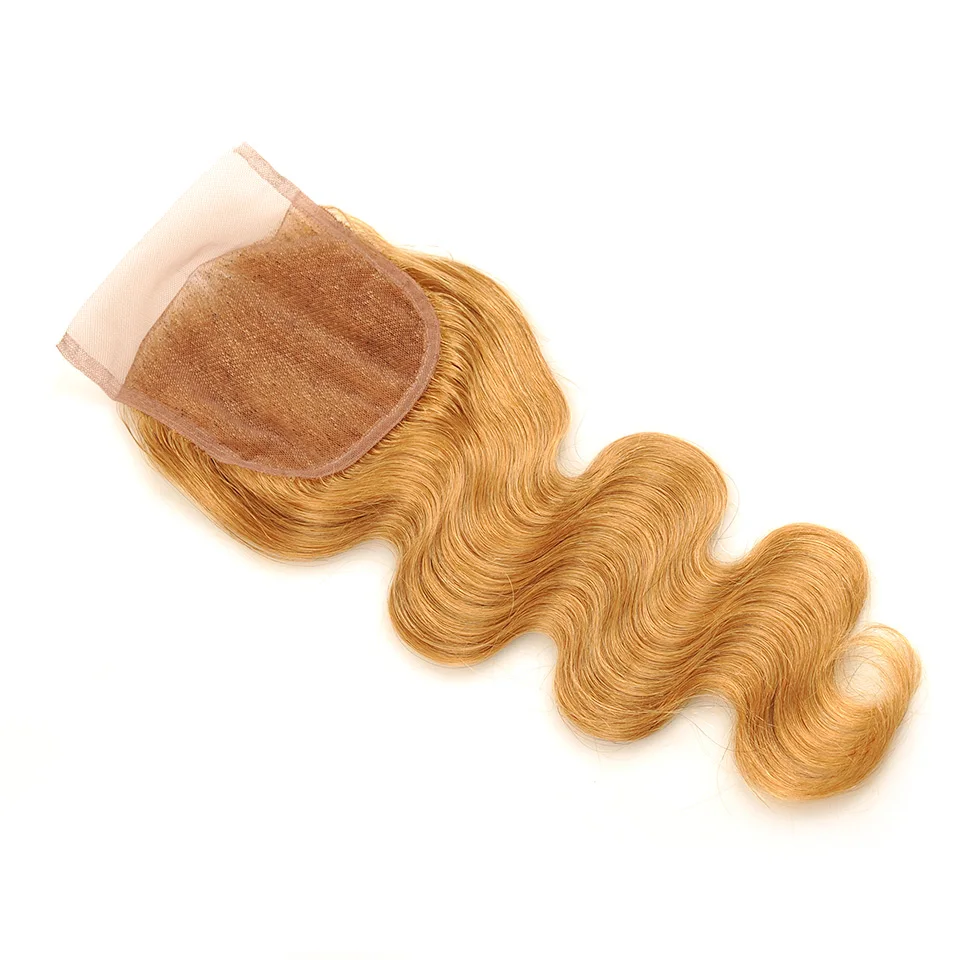 Новый мёд блондинка средства ухода за кожей волна Связки с синтетическое закрытие волос 27 цветной индийский натуральные волосы 4
