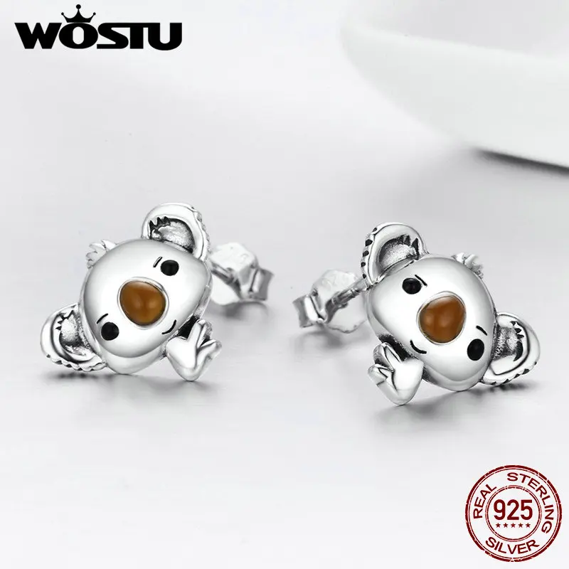 WOSTU подлинные 925 пробы серебряные милые коала серьги в виде медведя для женщин Оригинальные модные серьги, украшения в подарок FIE381