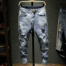 Корейская мода, повседневные тонкие рваные джинсы, Мужские обтягивающие джинсы, брюки, уличная одежда, потертые джинсы, джинсовые брюки, мужская одежда