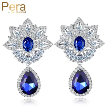 

Pera CZ New Royal European Style Cluster Flower Blue And White Stone Pave Women Big Water Long Drop Cubic Zirconia Earrings E264