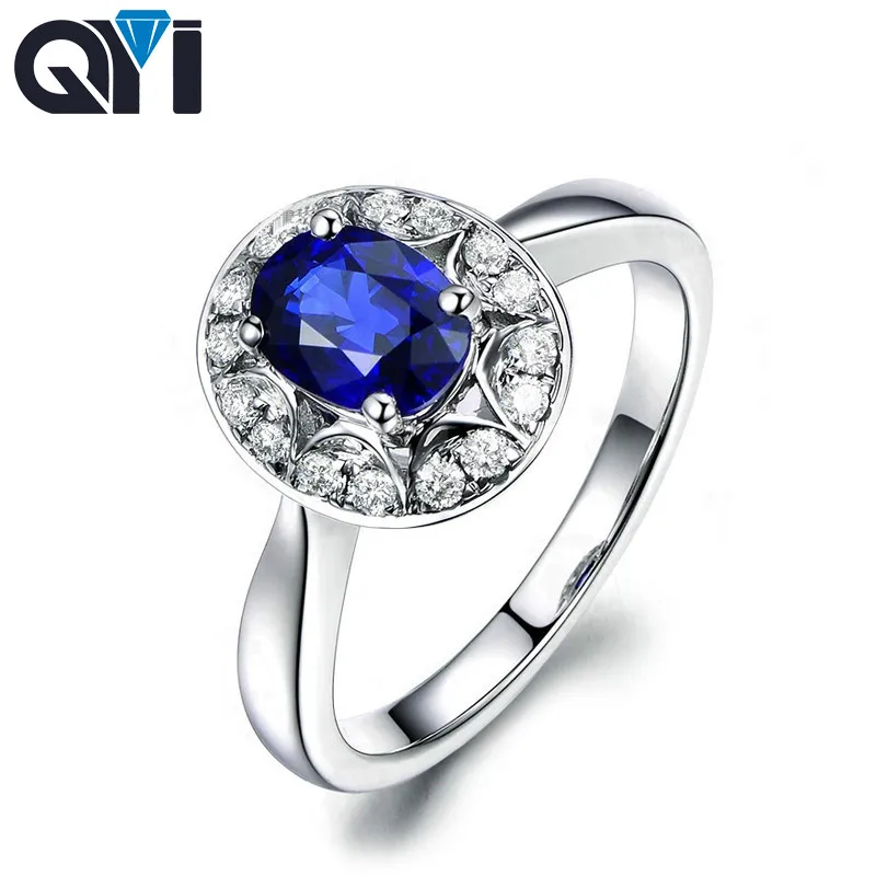 

QYI 925 Sterling Silver Halo Engagement Rings 1.25ct Oval Cut Blue Sona Stone Women Silver Simulated Sapphire Wedding Rings