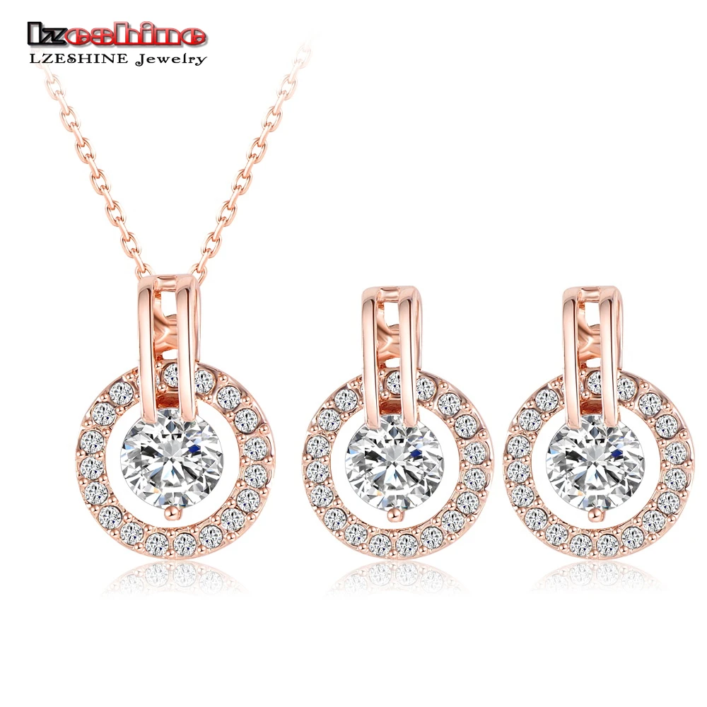 LZESHINE New 2016 Big Sale Wedding Jewelry Sets Rose Gold Plated Necklace/Earring Bijouterie Sets for Women Aretes ST0017-A