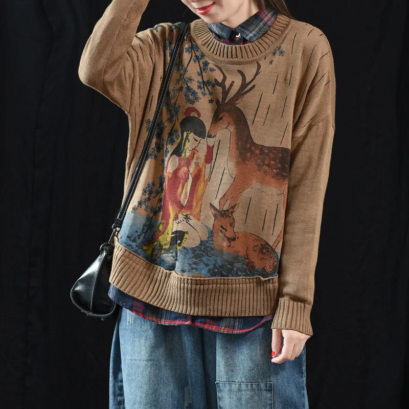 

Retro literary cartoon print sweater autumn long-sleeved pullover loose sweater women js