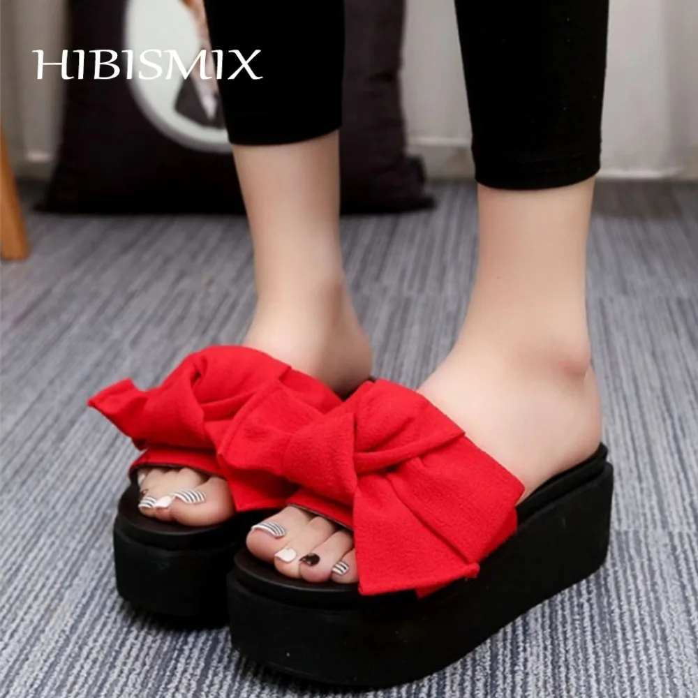 HIBISMIX/женские шлепанцы на плоской платформе женские с бантом летние пляжные для
