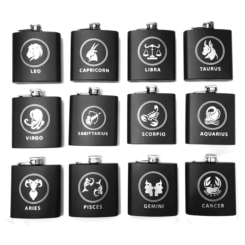 

1 PCS Alalinong B111 Black Hip Flask 6 Oz Stainless Steel 12 Constellations Leo Flask Alcohol Liquor Whiskey Rum with One Funnel