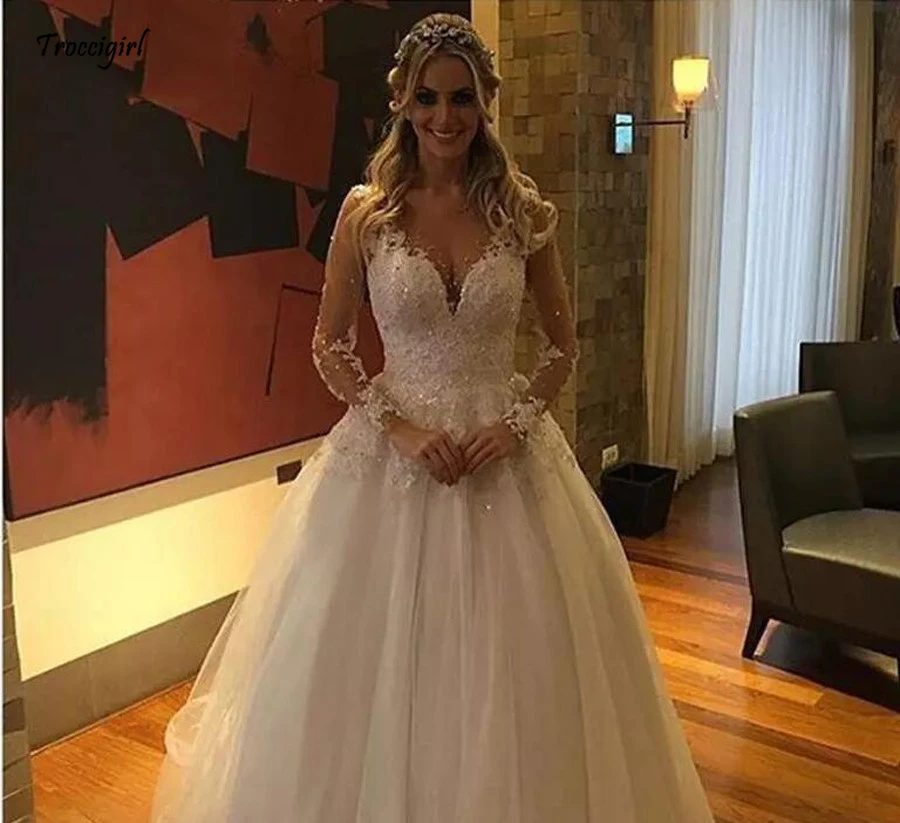

Sexy V neck Button Back Long Sleeve Wedding Dress Ball Gown Appliques Beading Embroidery Pure White Lace Wedding Dresses