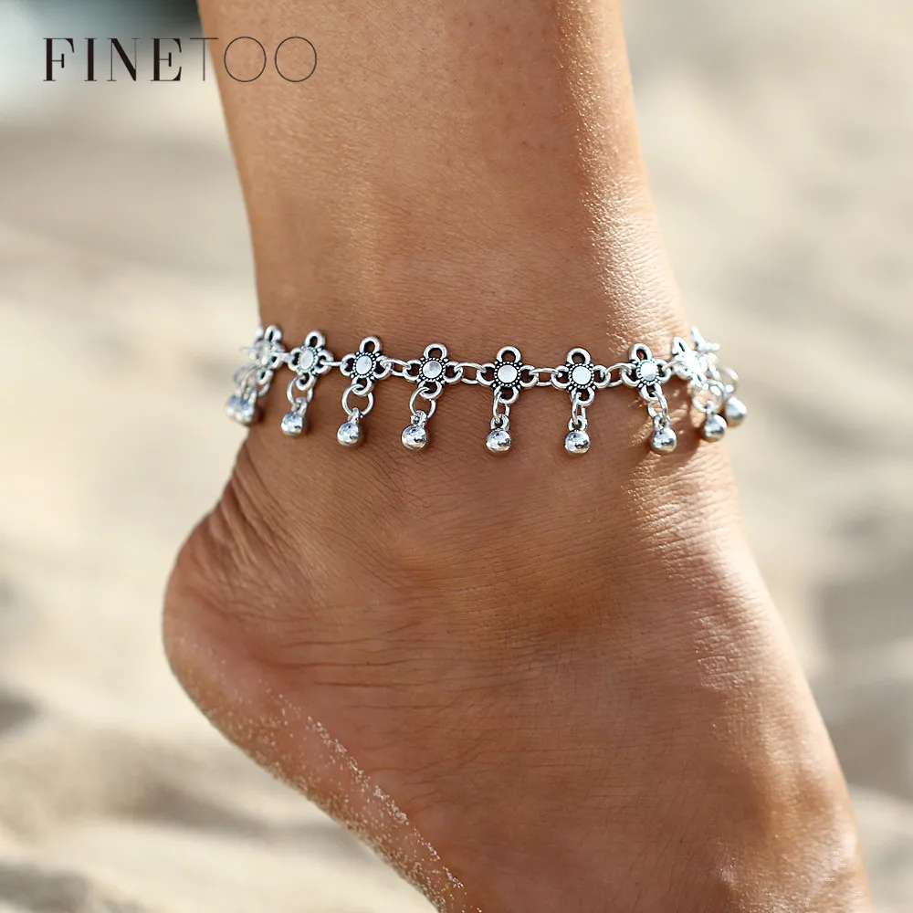 

Vintage Silver Color Flower Anklets For Women Foot Jewelry New Fashion Geometric Round Beads Leg Chain Summer Party Accessories