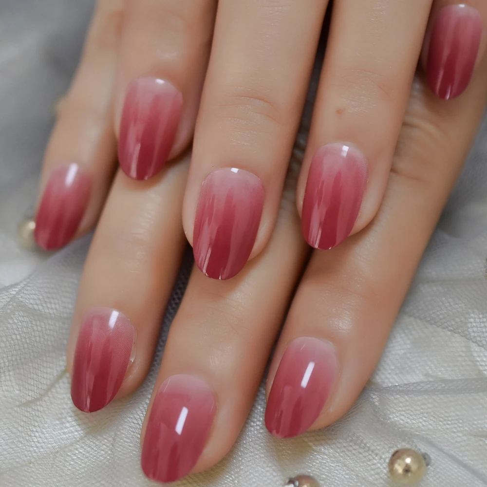  Oval Ombre Medium Fake Nails Berry Red Gradient Designed Nails Manicue Full Cover Fingernails