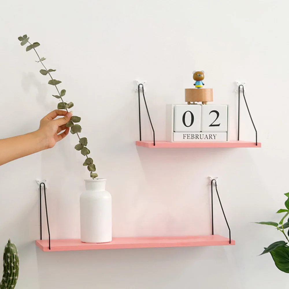 

Nordic Style Wooden Wall Shelf Iron Partition Board Bedroom TV Wall Hanging Storage Shelf Rack for Home & Living Room Decoration