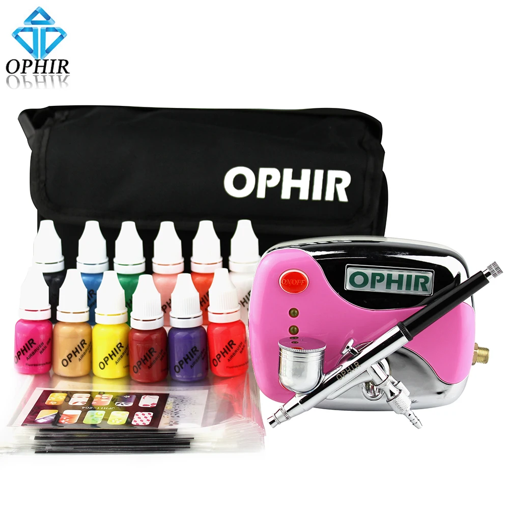 

OPHIR 0.3mm Airbrush Kit 12x Nail Ink Pink Air Compressor with Airbrush Nail Stencil & Bag & Cleaning Brush Set_OP-NA001P