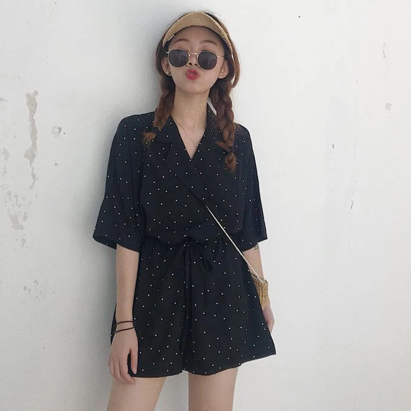 

Mihoshop Ulzzang Korean Korea Women Fashion Clothing V Collar Trousers Loose Black Dot Point Print Jumpsuit