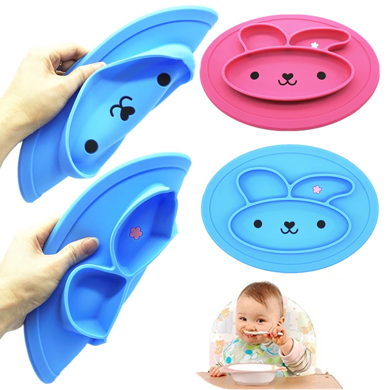 ideacherry Baby Dishes Silicone Infant Bowls Plate Tableware Kids Food Holder Tray Cartoon Rabbit Food Placemat for Baby Feeding