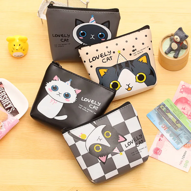 

PU Coin Purse Cute Mini Key Wallet Credit Card Bags Cartoon Cat Print Zipper Coin Pocket For Kids Women Men Small Lovely Handbag