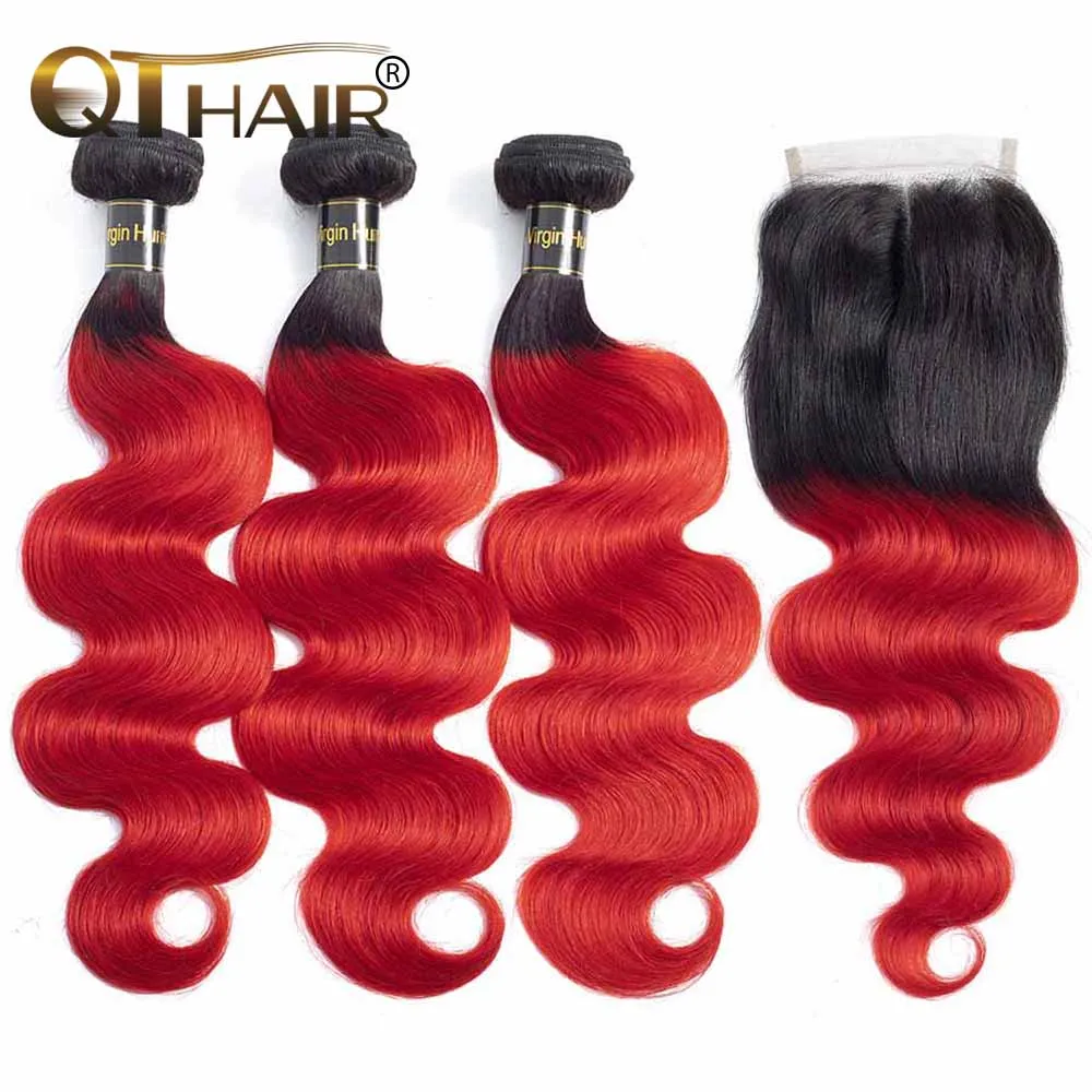 

Ombre Bundles With Closure Brazilian Body Wave 3 Bundles Pack With Closure Pre-Colored 1B/Red Ombre Human Hair Weft Weave QT