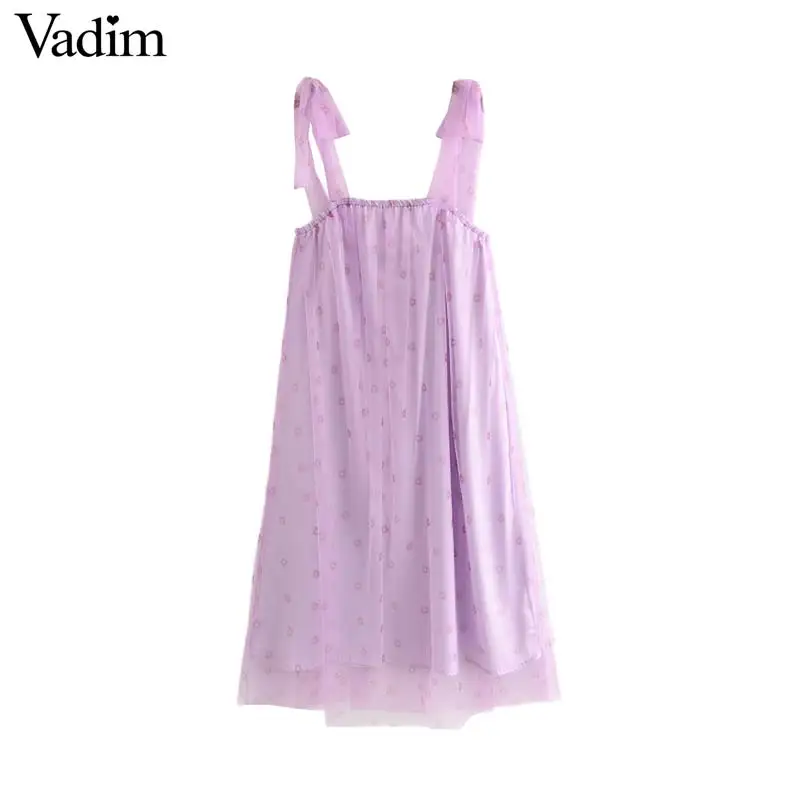 

Vadim women sweet purple midi dress sleeveless bow tie adjustable straps female summer mid calf dresses vestidos QC495