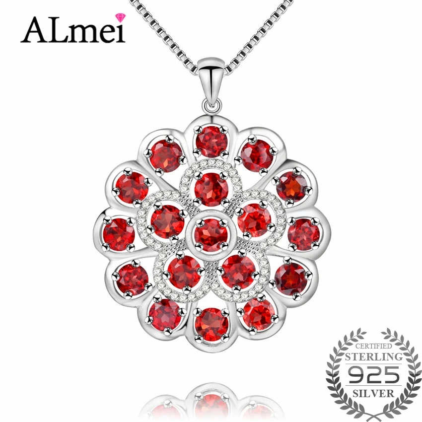 

Almei 2018 7.2ct Long Big Flower 32mm*32mm Garnet 925 Sterling Silver Red Gemstone Pendant Fine Jewelry for Women CN052