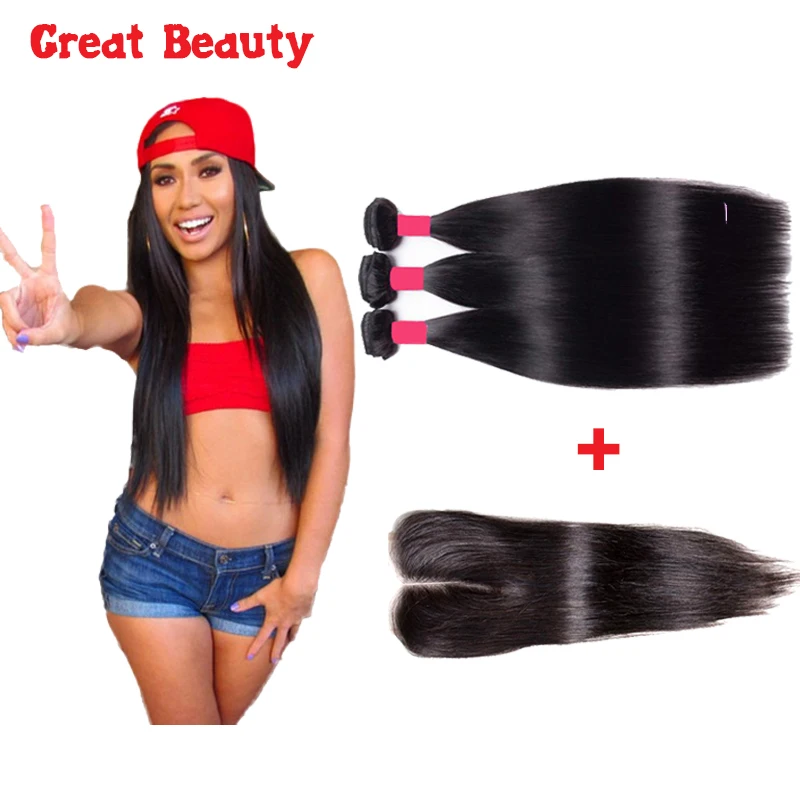 Bundle Deals With Closure Grade 8A Peruvian Virgin Hair 3Pcs Straight Ashion Products |