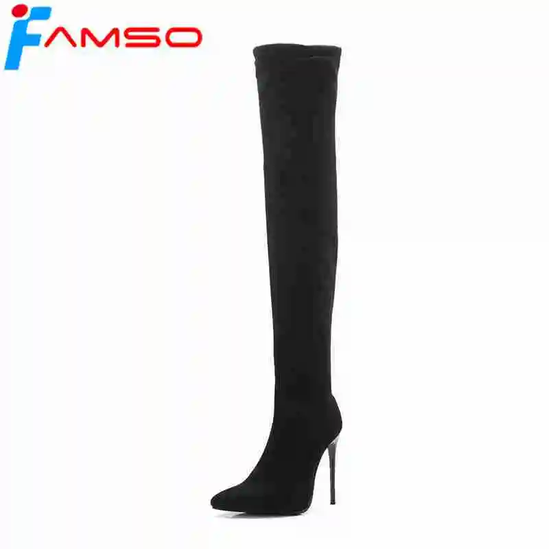 

FAMSO 2019 New Shoes Women's Boots Black Gray Pointed Toe Beading Brand Shoes Autumn Sexy Prom Thigh High Boots For Women