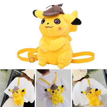 

Anime Detective Pikachu Eevee Plush Backpack With Hat Zipper HandBag Shoulder BAG Students Bag Backpack Mochila Travel