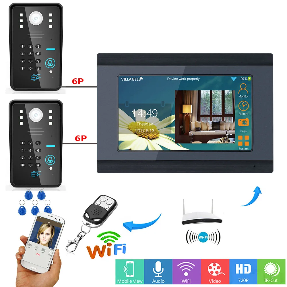 Best 7inch Wired Wireless Wifi RFID Password Video Door Phone Doorbell Intercom Entry System with 2 X IR CUT 1000TVL Wired Camera