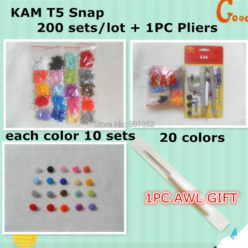 

200sets Kam T5 Size 20 Plastic Snaps Buttons fastener + 1pc Pliers DK001 Tool Kits + free awl