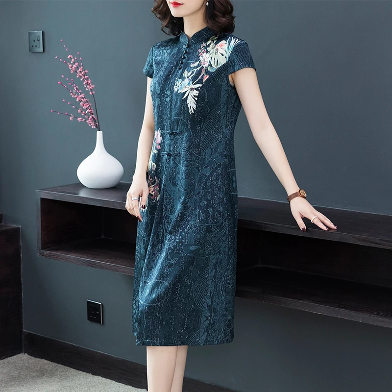 

Blue Chinese Silk Dress Women Plus Size High Quality 2019 Summer Mandarin Collar Party Night Robe Dresses Floral Elegant Vintage