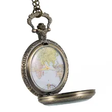 Reloj de bolsillo de cuarzo Vintage mapa del mundo Número Romano Dial funda transparente aleación cadena colgante relojes TT - 88