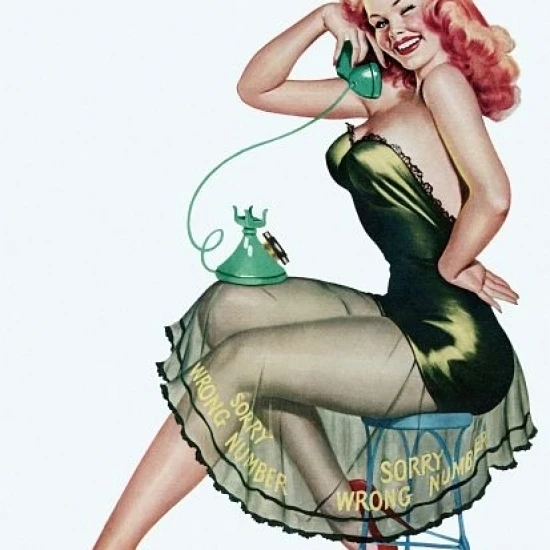 Pin Up Art Redhead On A Stool With Phone Poster Print (18 x 24)