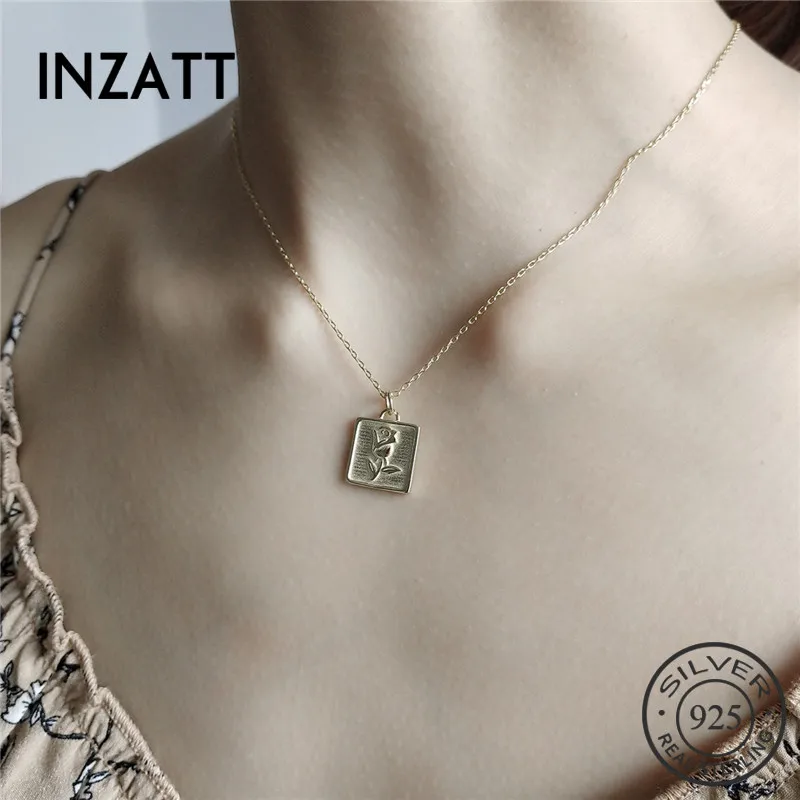 

INZATT Authentic 925 Sterling Silver Square Rose Flower Pendant Necklace 2018 Cute Fine Jewelry For Women Romantic Party Bijoux