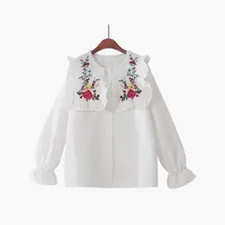 Белая блузка Для женщин цветочной вышивкой Винтаж элегантный сладкий рубашка корейской моды Школа Повседневное Топы Весна синий шикарные