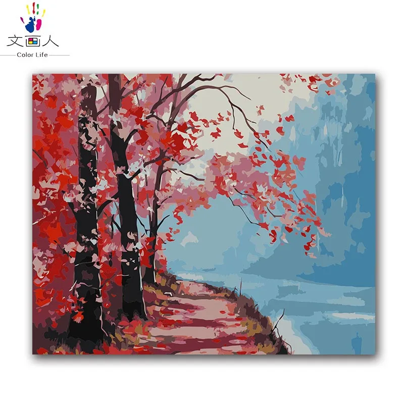 

DIY ditigal painting by numbers red woods road scenery Colorful pictures paintings by numbers with kits for adult kids practise