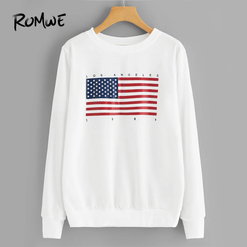 

ROMWE White Letter American Flag Print Sweatshirt Women Casual Autumn New Design Clothing Tops Ladies Long Sleeve Pullovers